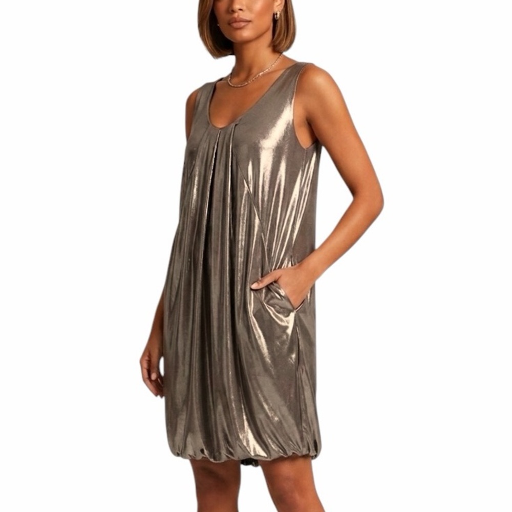 Diane Von Furstenberg Metallic Knit Blouson Bubble Hem Cocktail Dress Size 6